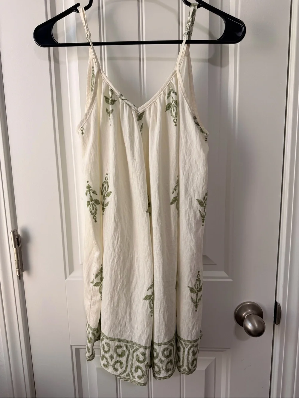 Cream Slip Romper with faux Green Embroidery